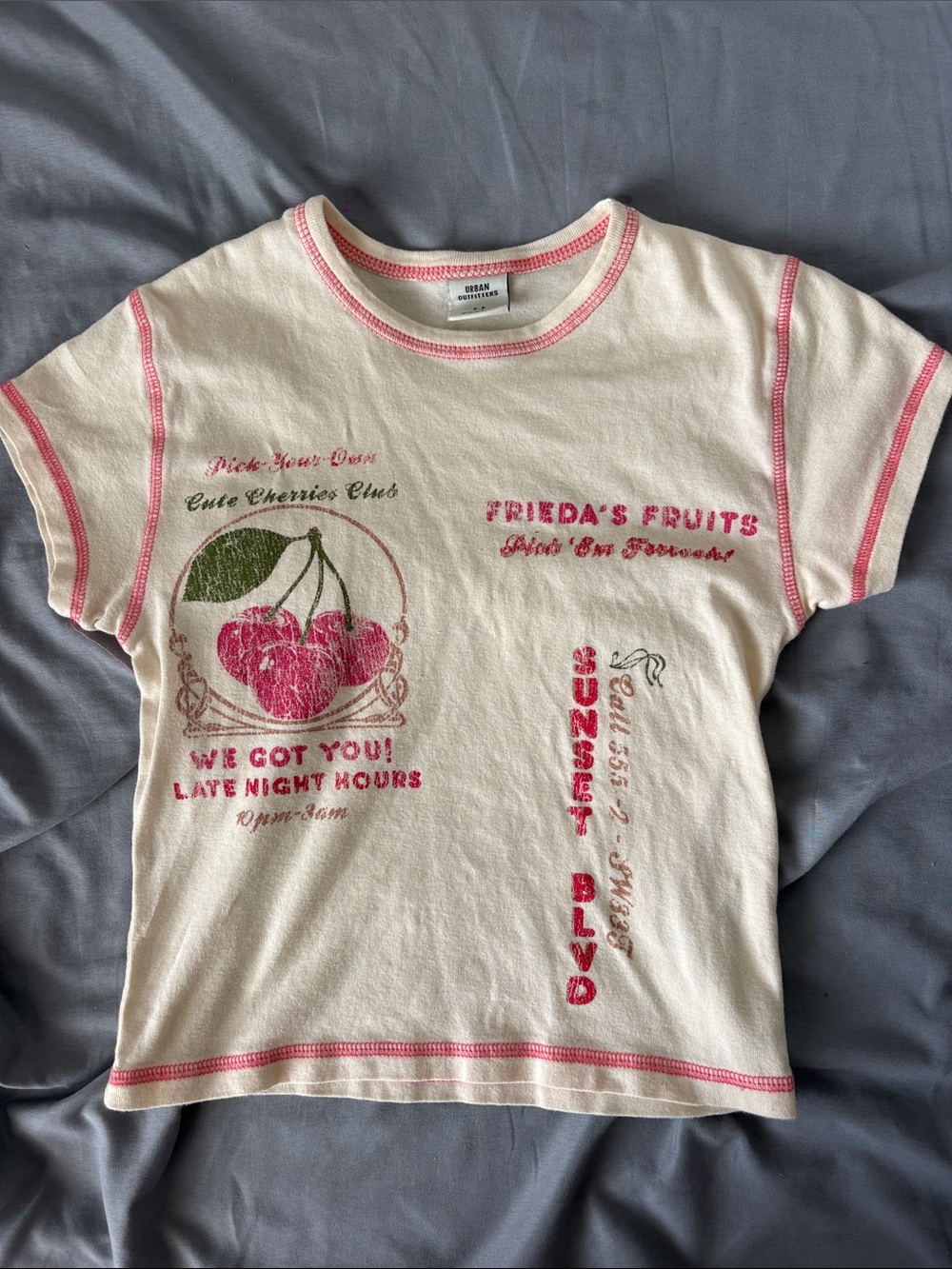 Urban Outfitters Cream Tee with Pink Trim & Cherry Graphics